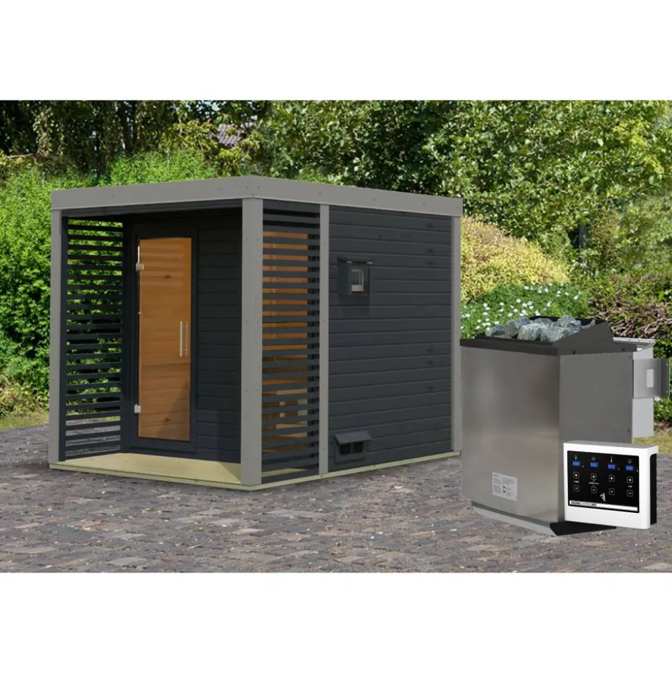 Saunahaus 'Aressa 2' anthrazit / graualuminium Ofen 9 kW Bio externe Steuerung 231 x 231,5 x 276 cm