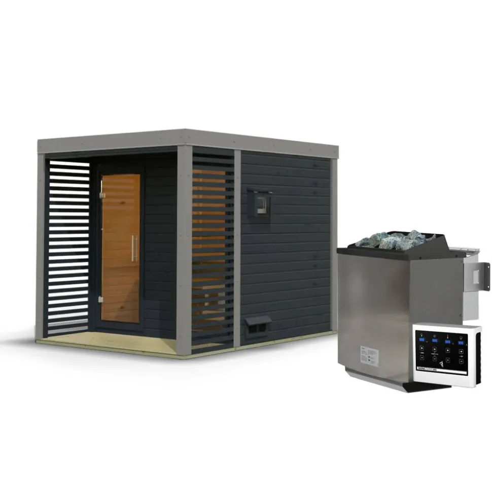 Saunahaus 'Aressa 2' anthrazit / graualuminium Ofen 9 kW Bio externe Steuerung 231 x 231,5 x 276 cm