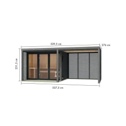 Saunahaus 'Aressa 3' anthrazit / graualuminium mit Anbaudach, Ofen 9 kW Bio externe Steuerung 537,5 x 231,5 x 276 cm