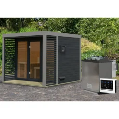Saunahaus 'Aressa 3' anthrazit / graualuminium Ofen 9 kW Bio externe Steuerung 276 x 231,5 x 276 cm
