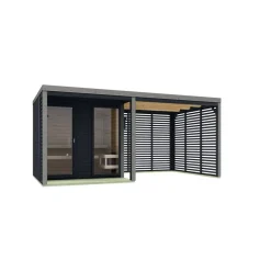 Saunahaus 'Aressa 2' anthrazit / graualuminium mit Anbaudach, Ofen 9 kW Bio externe Steuerung 492 x 231,5 x 276 cm