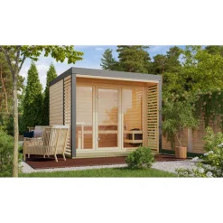 Saunahaus 'Aressa 3' naturbelassen / graualuminium Ofen 9 kW Bio externe Steuerung 276 x 231,5 x 276 cm