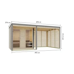 Saunahaus 'Aressa 2' naturbelassen / graualuminium mit Anbaudach, Ofen 9 kW Bio externe Steuerung 492 x 231,5 x 276 cm