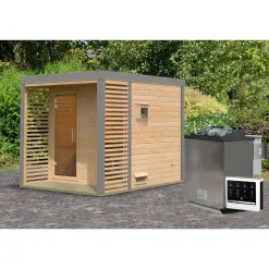 Saunahaus 'Aressa 2' naturbelassen / graualuminium Ofen 9 kW Bio externe Steuerung 231 x 231,5 x 276 cm