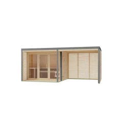 Saunahaus 'Aressa 3' naturbelassen / graualuminium mit Anbaudach 537,5 x 231,5 x 276 cm