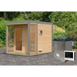 Saunahaus 'Aressa 2' naturbelassen / graualuminium Ofen 9 kW externe Steuerung 231 x 231,5 x 276 cm