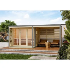 Saunahaus 'Aressa 3' naturbelassen / graualuminium Ofen 9 kW externe Steuerung 276 x 231,5 x 276 cm