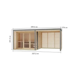 Saunahaus 'Aressa 3' naturbelassen / graualuminium mit Anbaudach, Ofen 9 kW Bio externe Steuerung 537,5 x 231,5 x 276 cm