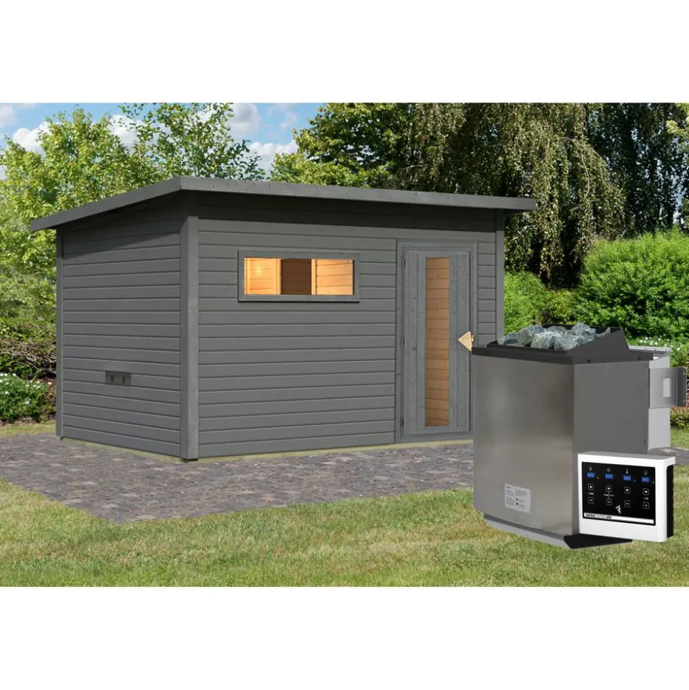 Saunahaus 'Bosco 6' terragrau 9 kW Bio-Ofen externe Steuerung 396 x 231 x 217 cm