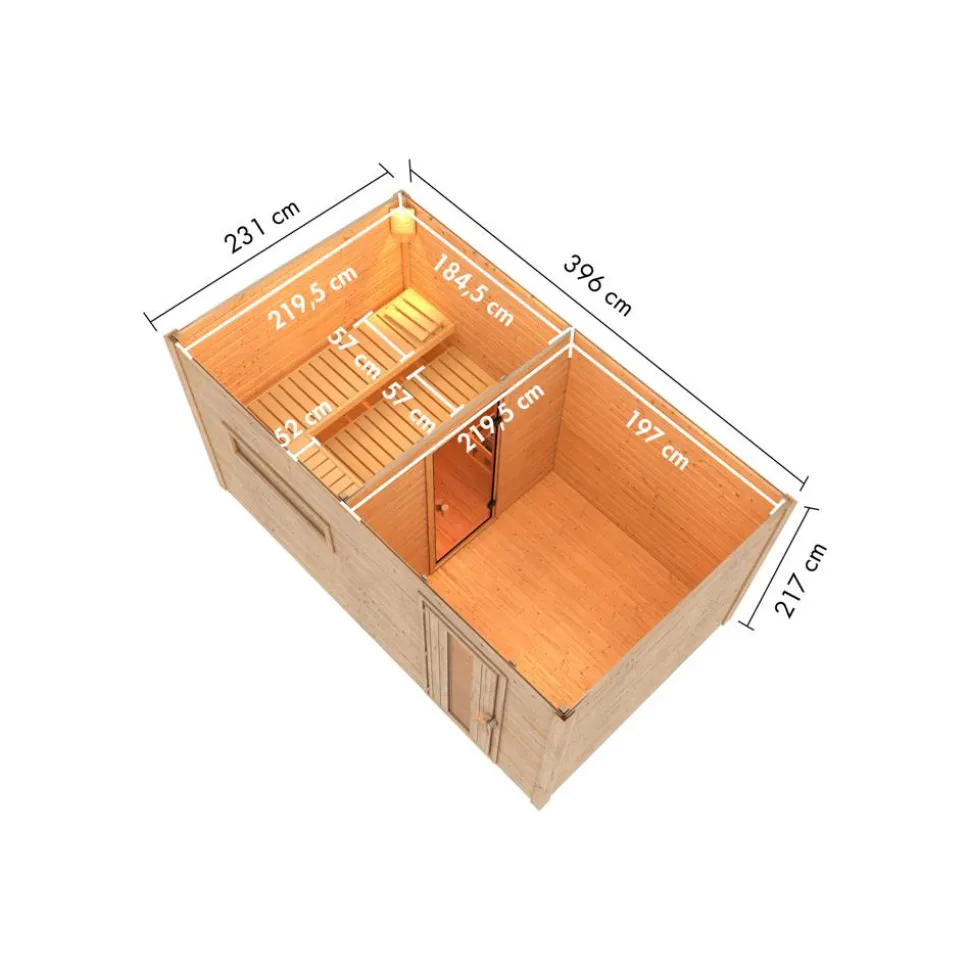 Saunahaus 'Bosco 6' terragrau 9 kW Bio-Ofen externe Steuerung 396 x 231 x 217 cm