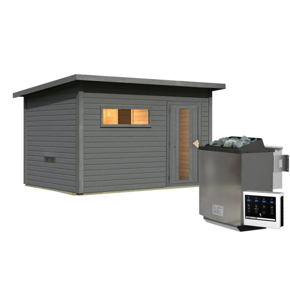 Saunahaus 'Bosco 6' terragrau 9 kW Bio-Ofen externe Steuerung 396 x 231 x 217 cm
