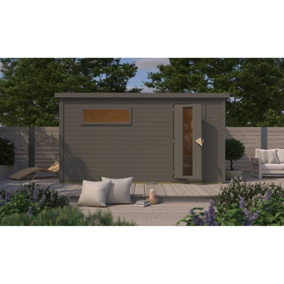 Saunahaus 'Bosco 6' terragrau 9 kW Bio-Ofen externe Steuerung 396 x 231 x 217 cm