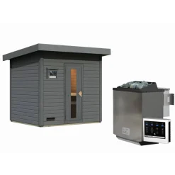 Saunahaus 'Bosco 3' terragrau Ofen 9 kW Bio-Ofen externe Steuerung 231 x 196 x 228 cm