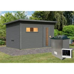 Saunahaus 'Bosco 6' terragrau 9 kW Ofen externe Steuerung 396 x 231 x 217 cm