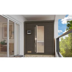 Saunahaus 'Bosco 0' terragrau 9 kW Bio-Ofen externe Steuerung 196 x 113 x 228 cm