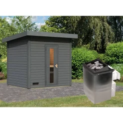 Saunahaus 'Bosco 3' terragrau 9 kW Ofen integrierte Steuerung 231 x 196 x 228 cm