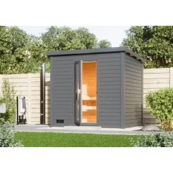 Saunahaus 'Bosco 3' terragrau 9 kW Ofen integrierte Steuerung 231 x 196 x 228 cm