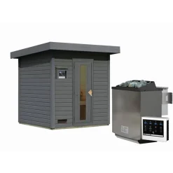 Saunahaus 'Bosco 2' terragrau 9 kW Bio-Ofen externe Steuerung 196 x 196 x 228 cm