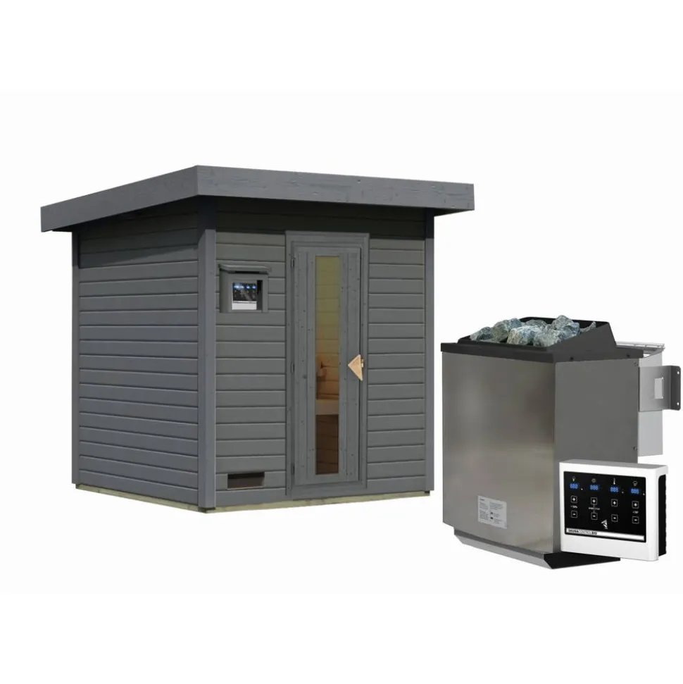 Saunahaus 'Bosco 2' terragrau 9 kW Bio-Ofen externe Steuerung 196 x 196 x 228 cm
