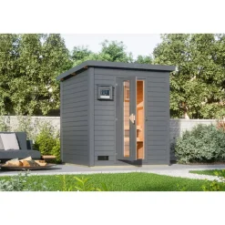 Saunahaus 'Bosco 2' terragrau 9 kW Bio-Ofen externe Steuerung 196 x 196 x 228 cm