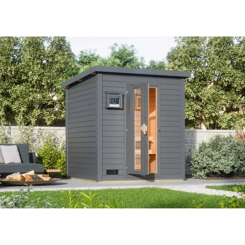 Saunahaus 'Bosco 2' terragrau 9 kW Bio-Ofen externe Steuerung 196 x 196 x 228 cm