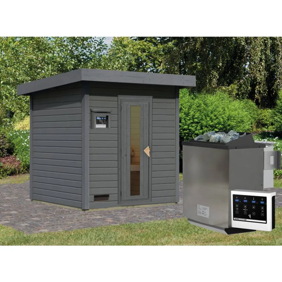 Saunahaus 'Bosco 2' terragrau 9 kW Bio-Ofen externe Steuerung 196 x 196 x 228 cm