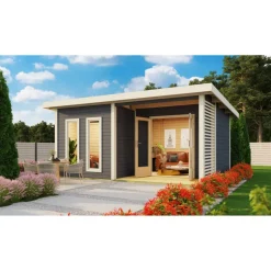 Saunahaus 'Francisco 5' B terragrau 9 kW Ofen externe Steuerung 509 x 369 x 253 cm