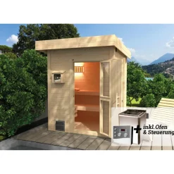 Saunahaus 'Naantali' natur mit 9 kW BioS-Ofenset, externe Steuerung 186,6 x 186,6 x 253