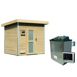 Saunahaus 'Norge' natur 9 kW Ofen, Steuerung Easy, Milchglastür 231 x 196 x 238 cm