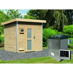 Saunahaus 'Norge' natur 9 kW Ofen, Steuerung Easy, Milchglastür 231 x 196 x 238 cm