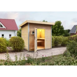 Saunahaus 'Norge' natur 9 kW Ofen, Steuerung Easy, Milchglastür 231 x 196 x 238 cm