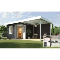 Saunahaus 'Salo 2' anthrazit mit Sauna Varberg 3 und 7,5 kW BioS-Ofenset, Steuerung 601 x 298 x 237 cm