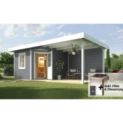 Saunahaus 'Salo 2' grau mit Sauna Varberg 3 und 7,5 kW BioS-Ofenset, Steuerung 601 x 298 x 237 cm