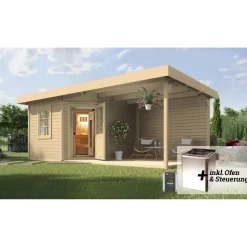 Saunahaus 'Salo 2' natur mit Sauna Varberg 3 und 7,5 kW OS-Ofenset, Steuerung 601 x 298 x 237 cm