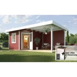 Saunahaus 'Salo 2' rot mit Sauna Varberg 3 und 7,5 kW OS-Ofenset, Steuerung 601 x 298 x 237 cm