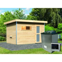 Saunahaus 'Skrollan 1' natur 9 kW Ofen, Steuerung Easy, Milchglastür, Vorraum 336 x 196 x 228 cm