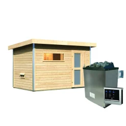 Saunahaus 'Skrollan 1' natur 9 kW Ofen, Steuerung Easy, Milchglastür, Vorraum 336 x 196 x 228 cm