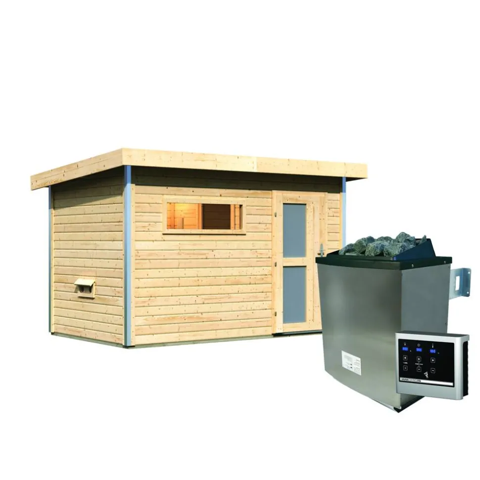 Saunahaus 'Skrollan 1' natur 9 kW Ofen, Steuerung Easy, Milchglastür, Vorraum 336 x 196 x 228 cm