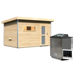 Saunahaus 'Skrollan 2' natur 9 kW Bio-Ofen, Steuerung Easy, Milchglastür, Vorraum 336 x 231 x 227 cm