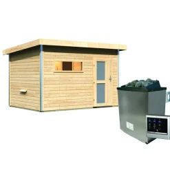 Saunahaus 'Skrollan 2' natur 9 kW Ofen, Steuerung Easy, Milchglastür, Vorraum 336 x 231 x 227 cm
