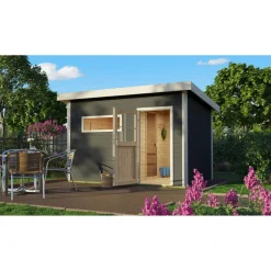 Saunahaus 'Skrollan 2' terragrau mit klassischer Tür 9 kW Ofen externe Steuerung 336 x 231 x 227 cm