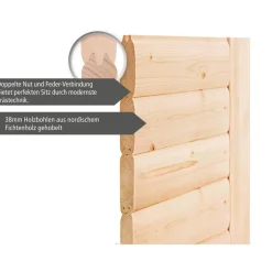 Saunahaus 'Skrollan 2' terragrau mit klassischer Tür 9 kW Ofen externe Steuerung 336 x 231 x 227 cm