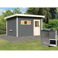 Saunahaus 'Skrollan 3' terragrau mit klassischer Tür 9 kW Bio-Ofen externe Steuerung 396 x 231 x 227 cm
