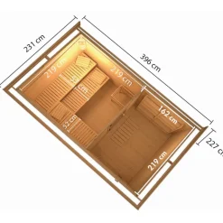 Saunahaus 'Skrollan 3' terragrau mit klassischer Tür 9 kW Bio-Ofen externe Steuerung 396 x 231 x 227 cm