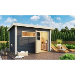 Saunahaus 'Skrollan 3' terragrau mit klassischer Tür 9 kW Ofen externe Steuerung 396 x 231 x 227 cm