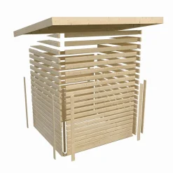 Saunahaus 'Skrollan 3' terragrau mit klassischer Tür 9 kW Ofen externe Steuerung 396 x 231 x 227 cm