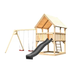 Spielturm 'Ida' naturbelassen mit Rutsche anthrazit, Doppelschaukel 440 x 394 x 345 cm