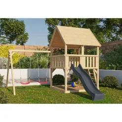 Spielturm 'Ida' naturbelassen mit Rutsche anthrazit, Doppelschaukel 440 x 394 x 345 cm