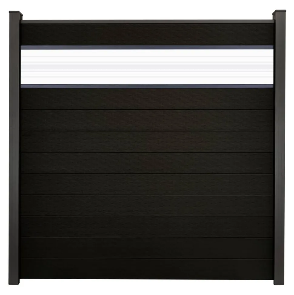 Steckzaun 'Solid' BPC mit 30 cm Glaseinsatz schwarz 180 x 180 cm