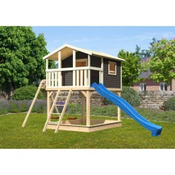 Stelzenhaus 'Ciana' terragrau mit Doppelschaukel, Rutsche blau 680 x 264 x 309 cm